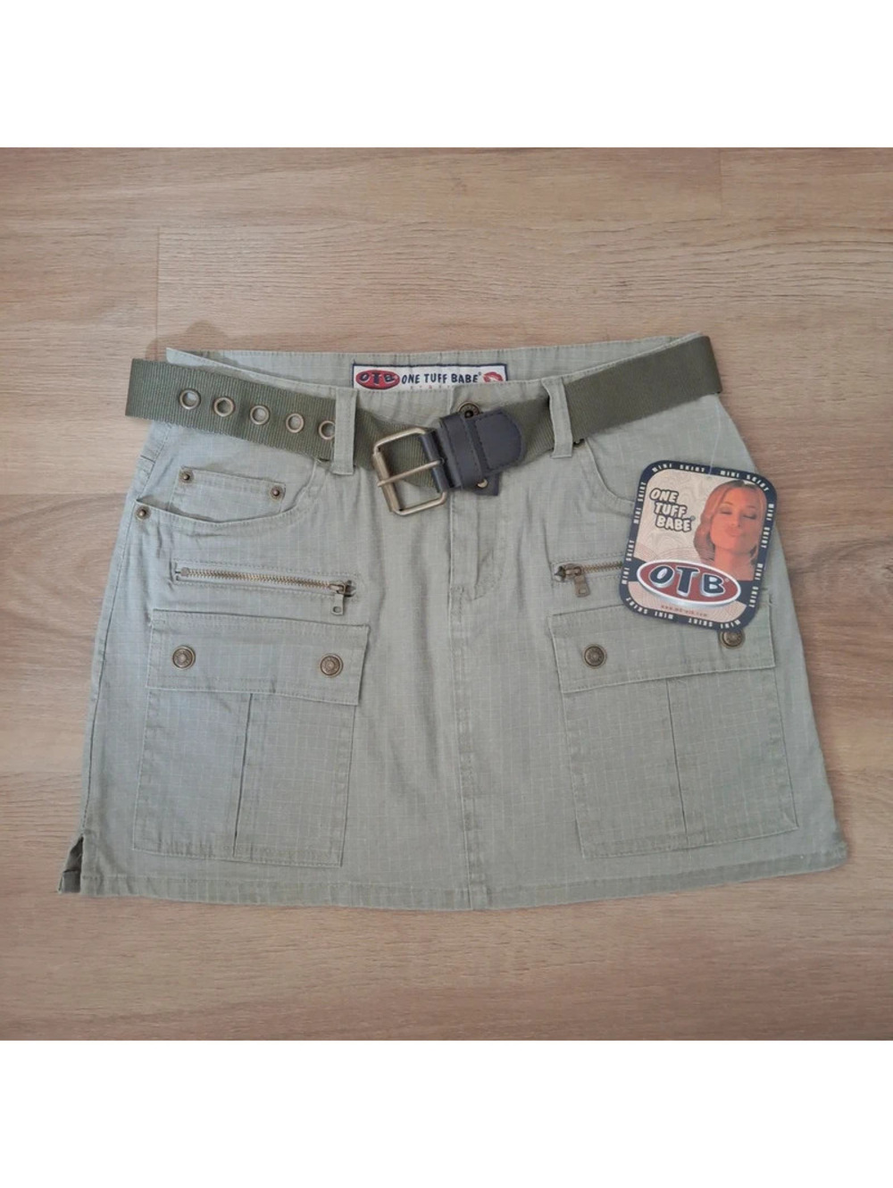 NWT VTG Y2K OTB One Tuff Babe Green Cargo Utility Mini Skirt Size 3/4 Stretch
